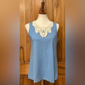 Style & Co Petites Relaxed Fit Blue Tank Top/Cream Crochet Trim - EUC - PL